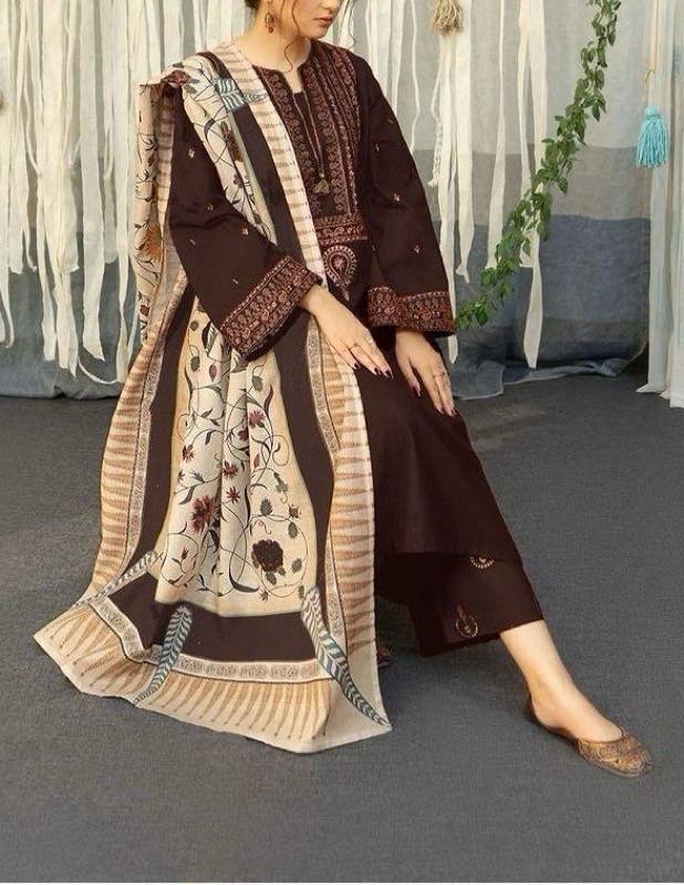 3 Pcs Women's Unstitched Embroidered Suit - Image 2